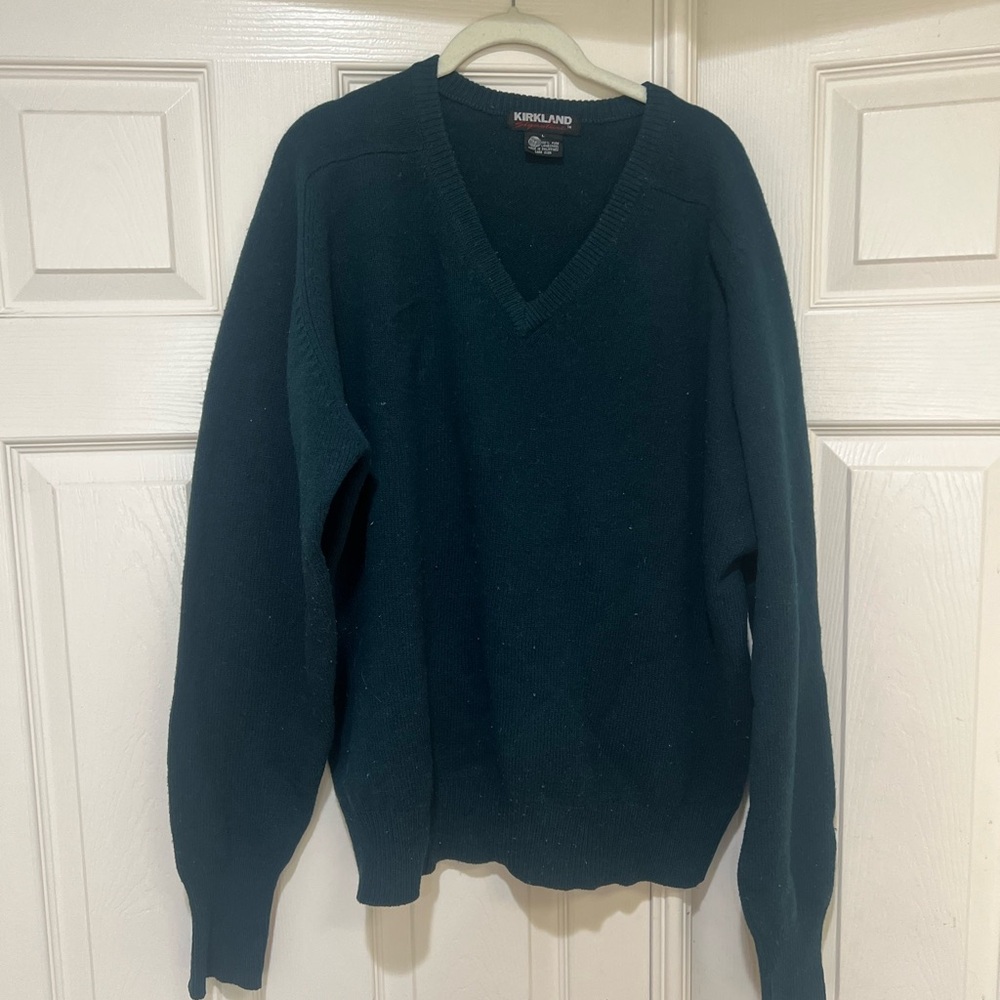 Kirkland Mens Sz Large Lambswool Green V-Neck Pullover Sweater Work Casual Smart